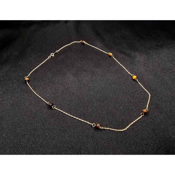 14K Solid Gold Tiger Eye Necklace With Delicate Chain & Beaded Design - Picture 2 of 6